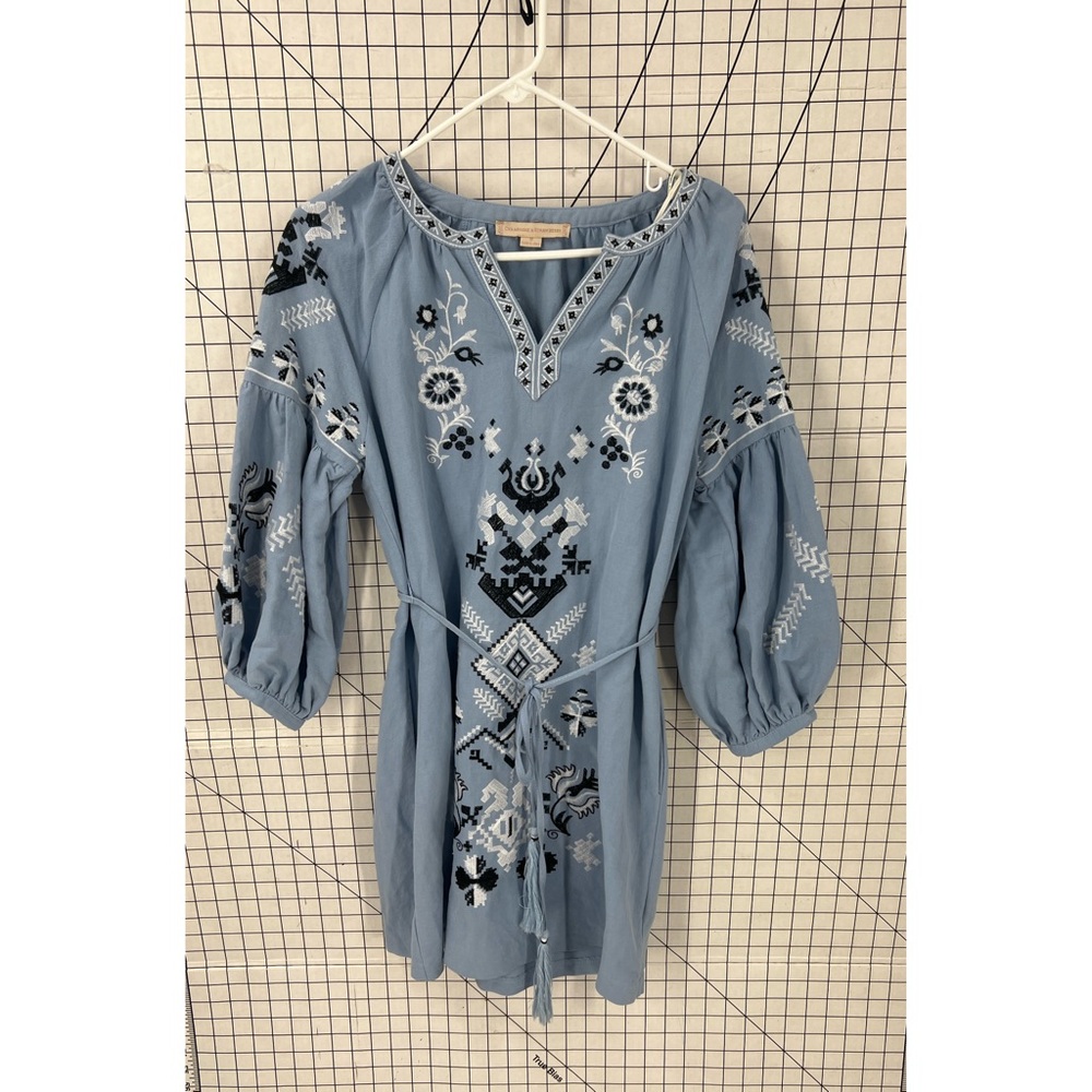 Champagne and strawberry linen blend, embroidered puff sleeve, mini dress S